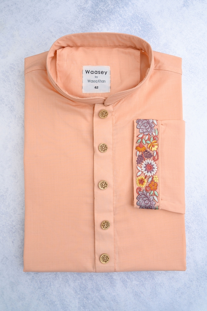 Soft Coral Floral Embroidered Panjabi